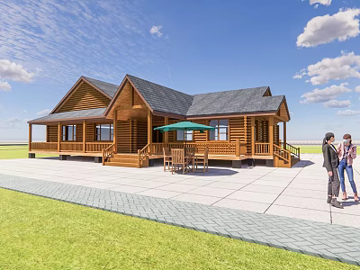 Wooden Single Family House With Gray Roof Porch Green Umbrella And Outdoor Dining Set 3d model