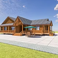 Wooden Single Family House With Gray Roof Porch Green Umbrella And Outdoor Dining Set
