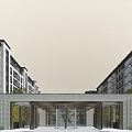 Modern Entrance Gate In Residential Area With Building Facades And Greenery