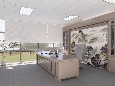 Spacious Office Interior With Large Windows Blinds Wooden Desk Office Chair And Landscape Painting 3d model
