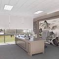 Spacious Office Interior With Large Windows Blinds Wooden Desk Office Chair And Landscape Painting