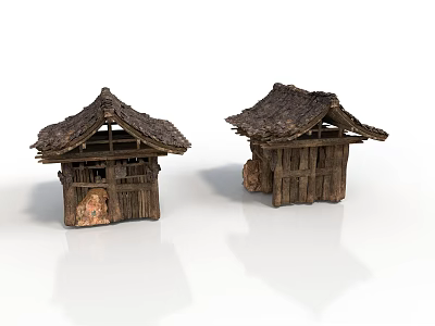Two Traditional Wooden Houses With Rustic Thatched Roof And Wooden Frames 3d model