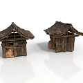 Two Traditional Wooden Houses With Rustic Thatched Roof And Wooden Frames