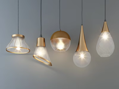 Various Modern Pendant Lights With Golden Metal And Glass Shades For Home Interior 3d model