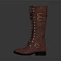 Burgundy Knee High Boots with Lace Up Front and Metal Buckle Details on Black Soles