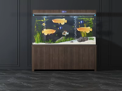Modern Aquarium Setup With Colorful Fish Live Plants Decorative Rocks And Wooden Stand 3d model