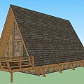 A Frame Roof Wooden House With Large Windows And Wooden Deck Railings