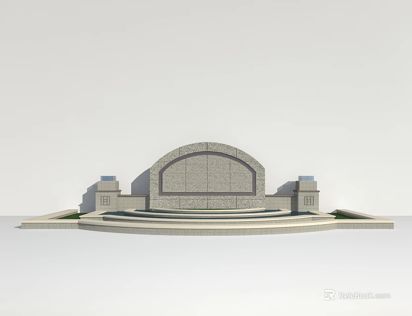 Arched Stone Feature Wall With Flanking Pillars And Steps In Landscape Design 3d model 