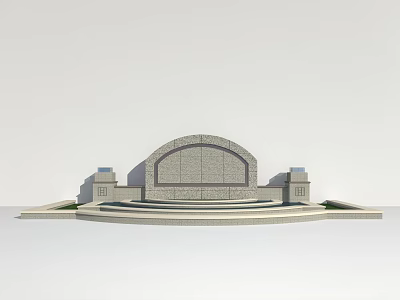 Arched Stone Feature Wall With Flanking Pillars And Steps In Landscape Design 3d model