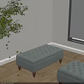 Light Green Tufted Ottoman with Wooden Legs near Window on Wooden Floor with Green Plant