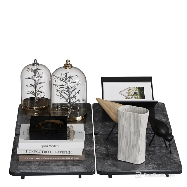 Decorative Ornament Set with Glass Domes Branches Books Framed Picture Vase Bird Figurine on Marble 3d model 