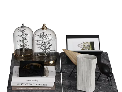 Decorative Ornament Set with Glass Domes Branches Books Framed Picture Vase Bird Figurine on Marble 3d model