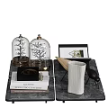 Decorative Ornament Set with Glass Domes Branches Books Framed Picture Vase Bird Figurine on Marble