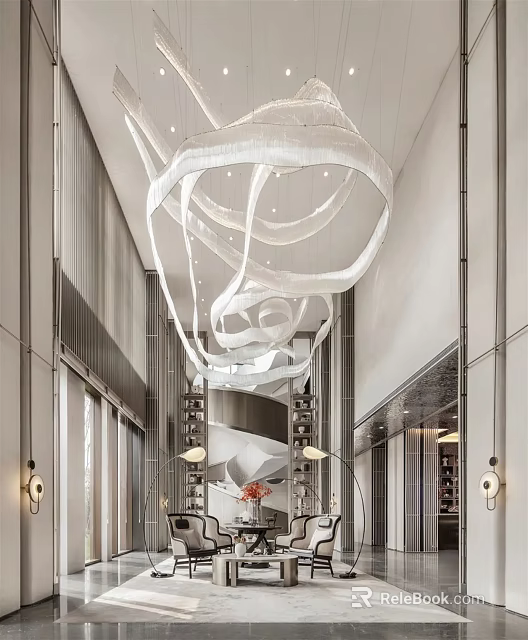 Modern Front Desk Reception Area With Creative Pendant Light And Elegant Interior Design 3d model