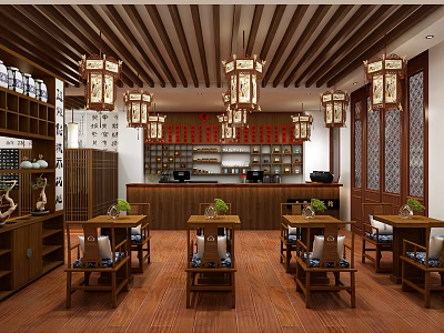 Traditional Teahouse Interior Design With Wooden Ceiling Hanging Lanterns Counter Tables And Chairs 3d model