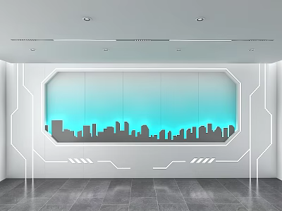 Modern Background Wall With Blue Background City Skyline Silhouette And White Geometric Lines 3d model