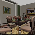 Elegant Dining Table Set with Upholstered Chairs Decorative Paintings and Tableware 3d model