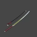 Man Displaying Traditional Japanese Swords With Red Handles And Silver Blades 3d model