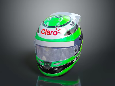 Green Racing Helmet With Claro Logo White Accents And Transparent Visor 3d model