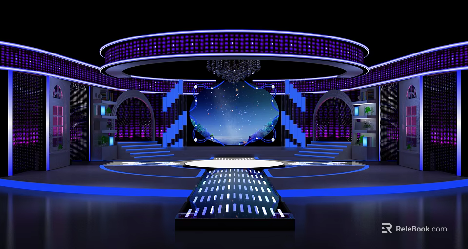Modern Stage Design With Circular Structure Purple Blue Lighting And Starry Screen 3d model 
