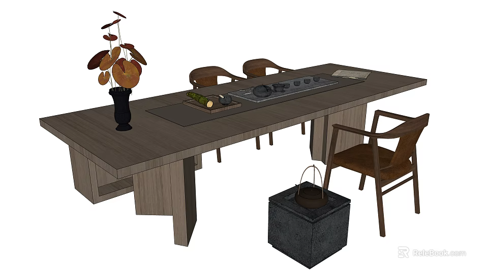 Wooden Tea Table and Chairs with Tea Set Vase and Stone Bucket Decor 3d model 