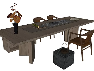 Wooden Tea Table and Chairs with Tea Set Vase and Stone Bucket Decor 3d model