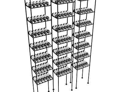 Multiple Black Metal Racks Displaying Neatly Arranged Wine Bottles And Wine Glasses 3d model