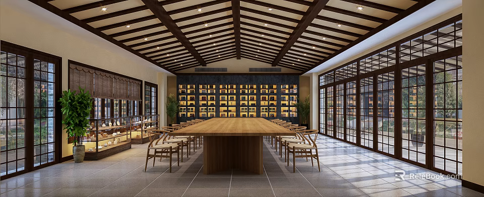 Traditional Meeting Room Interior With Wooden Long Table Beam Ceiling And Bookshelves On Both Sides 3d model 