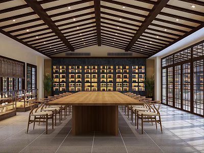 Traditional Meeting Room Interior With Wooden Long Table Beam Ceiling And Bookshelves On Both Sides 3d model