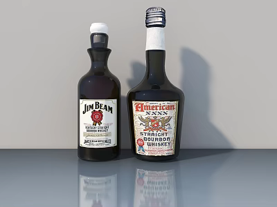 Jim Beam And American Whiskey Bottles On Gray Table With Reflections 3d model