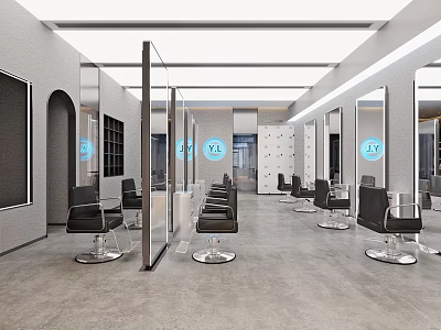 Modern Hair Salon Interior With Black Barber Chairs And Wall Mirrors 3d model