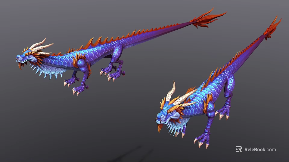 Game and Movie Dragon Character with Blue Purple Scales Red Mane Horns and Claws 3d model 