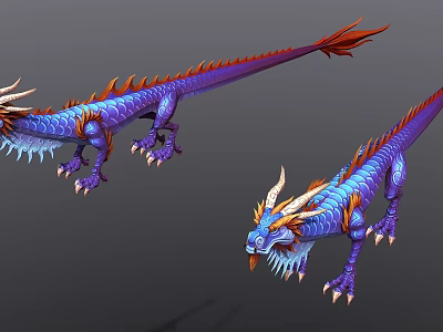Game and Movie Dragon Character with Blue Purple Scales Red Mane Horns and Claws 3d model