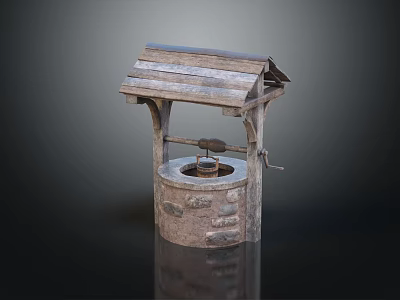 Traditional Garden Ornament With Wooden Roof Stone Well Body And Handle Design 3d model