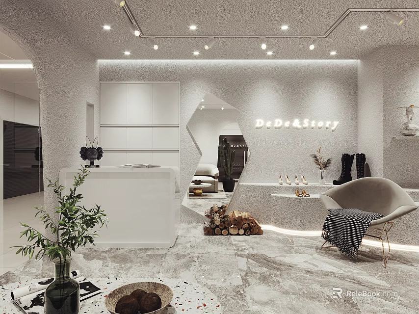 Bob&tory Modern Luxury White Boutique Interior with Counter Seating and Display Area 3d model 
