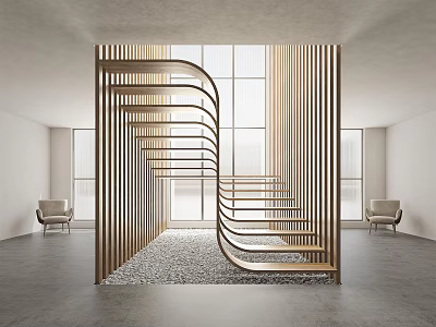 Modern Interior Design With Spiral Wooden Staircase Large Windows And Pebble Floor 3d model