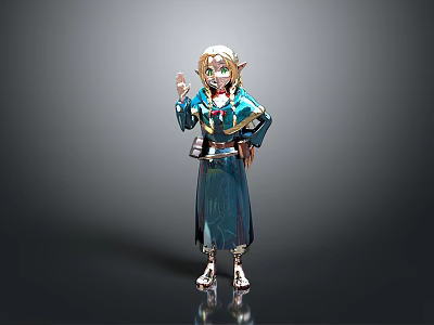 Blonde Haired Hero Character In Teal Outfit With Creature Companion And Raised Hand Pose 3d model