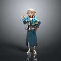 Blonde Haired Hero Character In Teal Outfit With Creature Companion And Raised Hand Pose