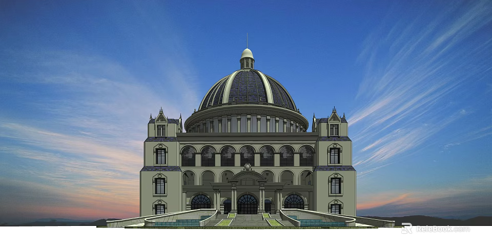Classical Hotel Building with Grand Dome Symmetrical Facade Ornate Entrance and Blue Sky Background 3d model 