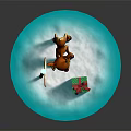Little Reindeer By North Pole Sign With Red White Striped Pole And Gift Box On Snow