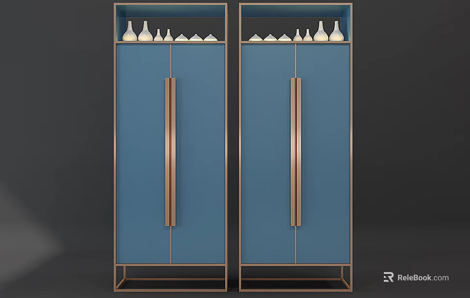 Stylish Blue Decorative Cabinet With Golden Frames Handles And White Vases On Top 3d model 