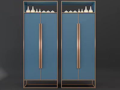 Stylish Blue Decorative Cabinet With Golden Frames Handles And White Vases On Top 3d model