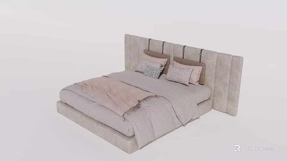 Modern Minimalist Double Bed With Upholstered Headboard Light Gray Sheets And Pillows 3d model