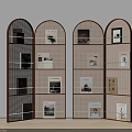 Three Brown Arched Shelves With Multiple Layers Holding Books And Decorative Items