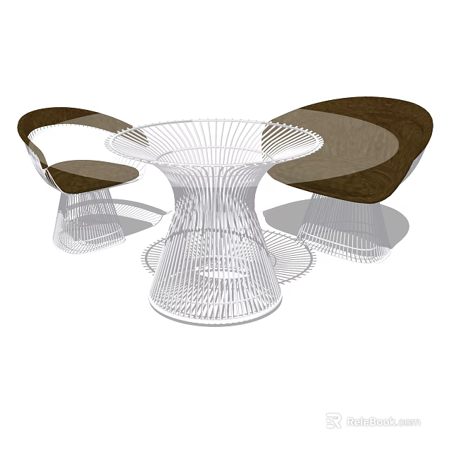 Modern Dining Table Set With White Metal Mesh Structure And Dark Wood Seats 3d model 