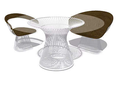 Modern Dining Table Set With White Metal Mesh Structure And Dark Wood Seats 3d model