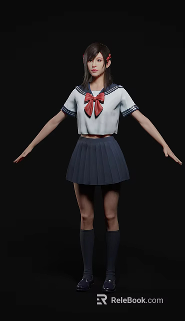 Woman In White Sailor Uniform With Red Bow And Dark Blue Pleated Skirt Standing 3d model 