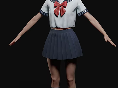 Woman In White Sailor Uniform With Red Bow And Dark Blue Pleated Skirt Standing 3d model
