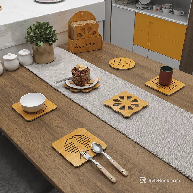 Wooden Kitchen Table Setting With Decorative Yellow Heat Resistant Mats Bowls Spoon Fork And Utensils 3d model 