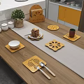 Wooden Kitchen Table Setting With Decorative Yellow Heat Resistant Mats Bowls Spoon Fork And Utensils